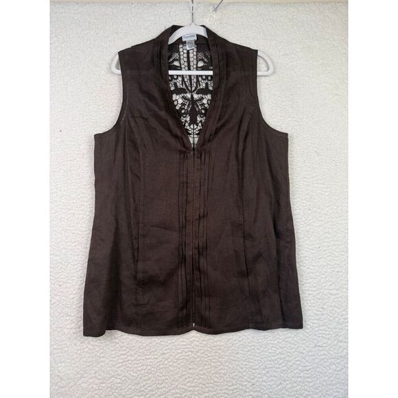 Chicos Womens 100% Linen Long Tunic Vest‎ Top Brown Lace Blouse Size 2 Large - Picture 1 of 8